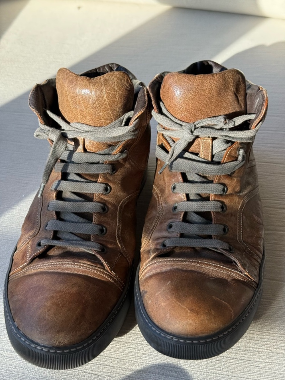 Lanvin Grey/Brown Leather High-Top Sneakers with Gray Laces